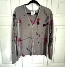 Vintage TESS Cardigan Ribbed Sweater Womens XL Abstract Print Button Up Top