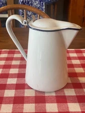 Vintage White Graniteware with Navy Blue Trim Syrup Pitcher