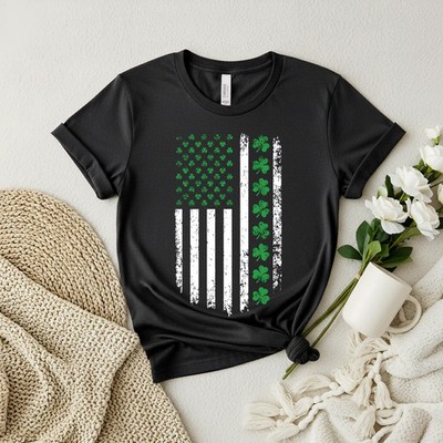 St. Patrick's Day Shamrock Flag T-Shirt - Green Clover American Flag shirt,