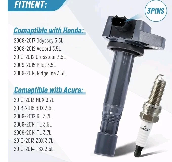 6 bobinas de encendido y bujía de iridio para Honda Pilot Ridgeline Acura RDX UF624 Foto 2 de 4