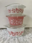 Vintage Pyrex Pink Gooseberry Set 3 Casserole Dishes w/ Lids 474, 473, 472