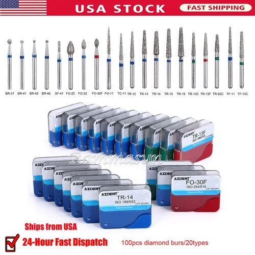 100Pzas Dental Fresas Dentales de Diamante FG Mezclado 20 Tamaño AZDENT