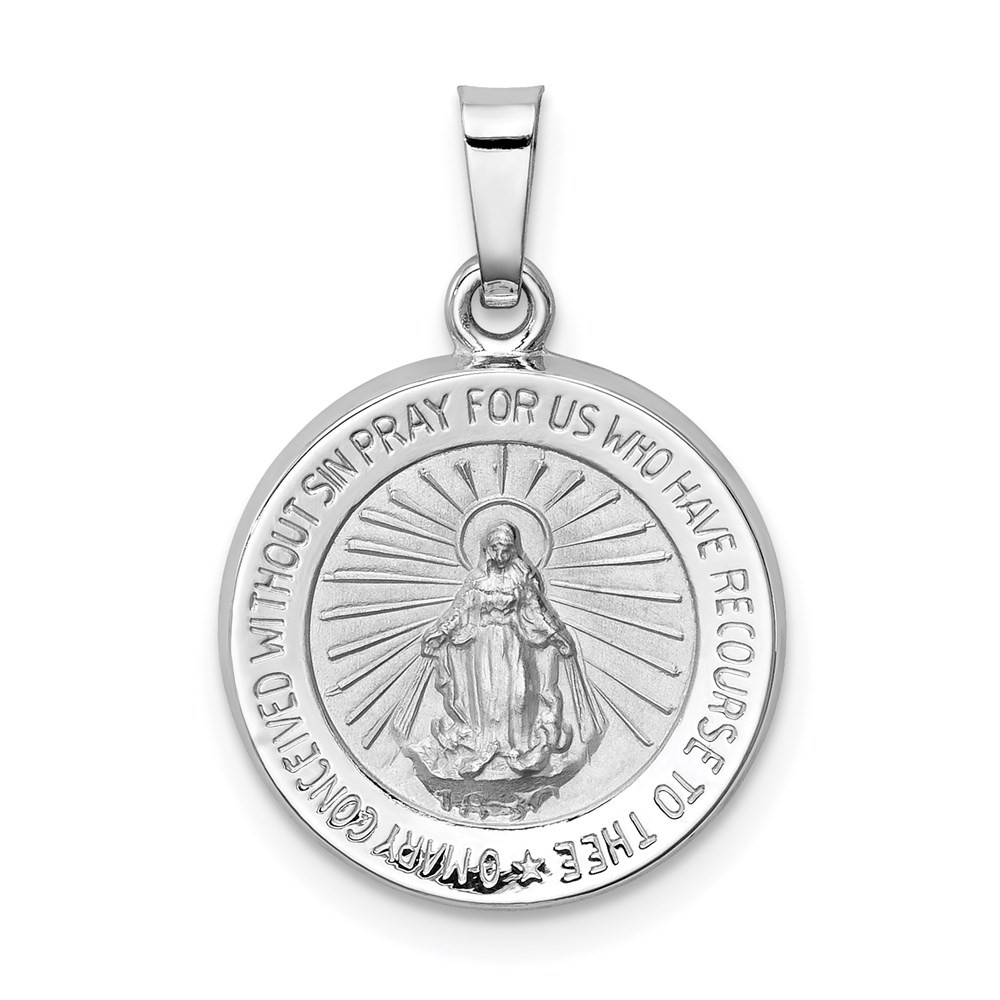 14k White Gold Polished and Satin Hollow Miraculous Medal Round Pendant 0.88gm