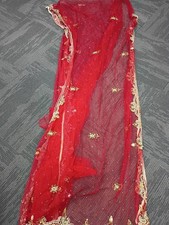 Vintage Heavy Red Dupatta Net Mesh Long Stole Hand Embroidered Scarves Zardozi