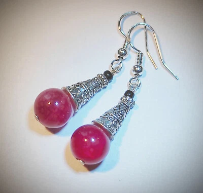 BOUCLES D'OREILLE ARGENT 925 VERITABLE AGATE DRAGON VEINE ROUGE CONE - Photo 1/2