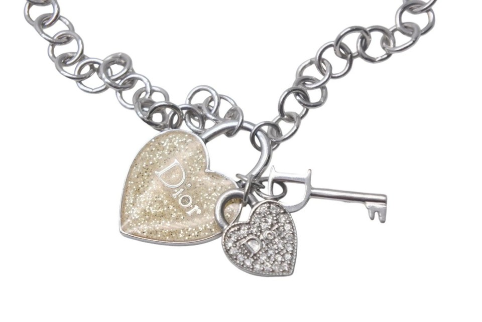 CHRISTIAN DIOR Bracelet Bangle Chain AUTH Logo Vintage CD Silver Heart