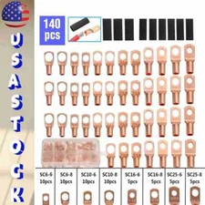 140pcs Copper Wire Lugs Battery Cable Ends Terminal Connectors Assortment Kit US