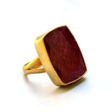 Natural Raw Red Ruby Gemstone Sterling Silver 18K Yellow Gold Plated Gift Ring