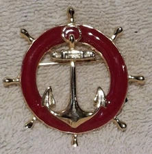 Vintage Anchor Brooch Nautical Pendant  Cruise Red Gold Tone The Helm Pin 