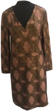 Elie Tahari Dress Size M Brown V Neck Lined Long Sleeve Metallic Sparkle Party