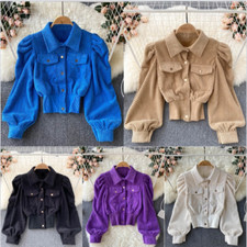 Giacca Blusa Top In Velluto A Coste Casual Retro Con Maniche A Volant Nuova