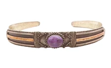 18k Gold 925 Sterling Silver Vintage Bracelet Dark Tone Amethyst Cuff  BT10958