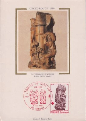 FRANKREICH 1980, Rotes Kreuz 1,70+0,30 Fr auf seltene Kab.-Maximumkarte mit rote - Bild 1 von 3
