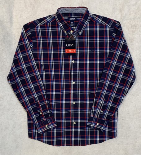 Chaps Boys Shirt Button Collar L/S Newport Blue Red White Plaid Size L 14/16