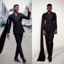 Vintage Men Suits Slim Fit Double Breasted with Cape Peak Lapel Groom Tuxedos