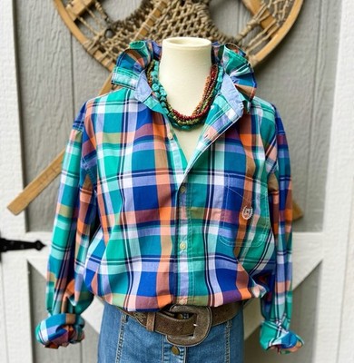 Upcycled Old Money Chaps Orange Turquoise Madras Plaid Ruffle Collar Shirt XL