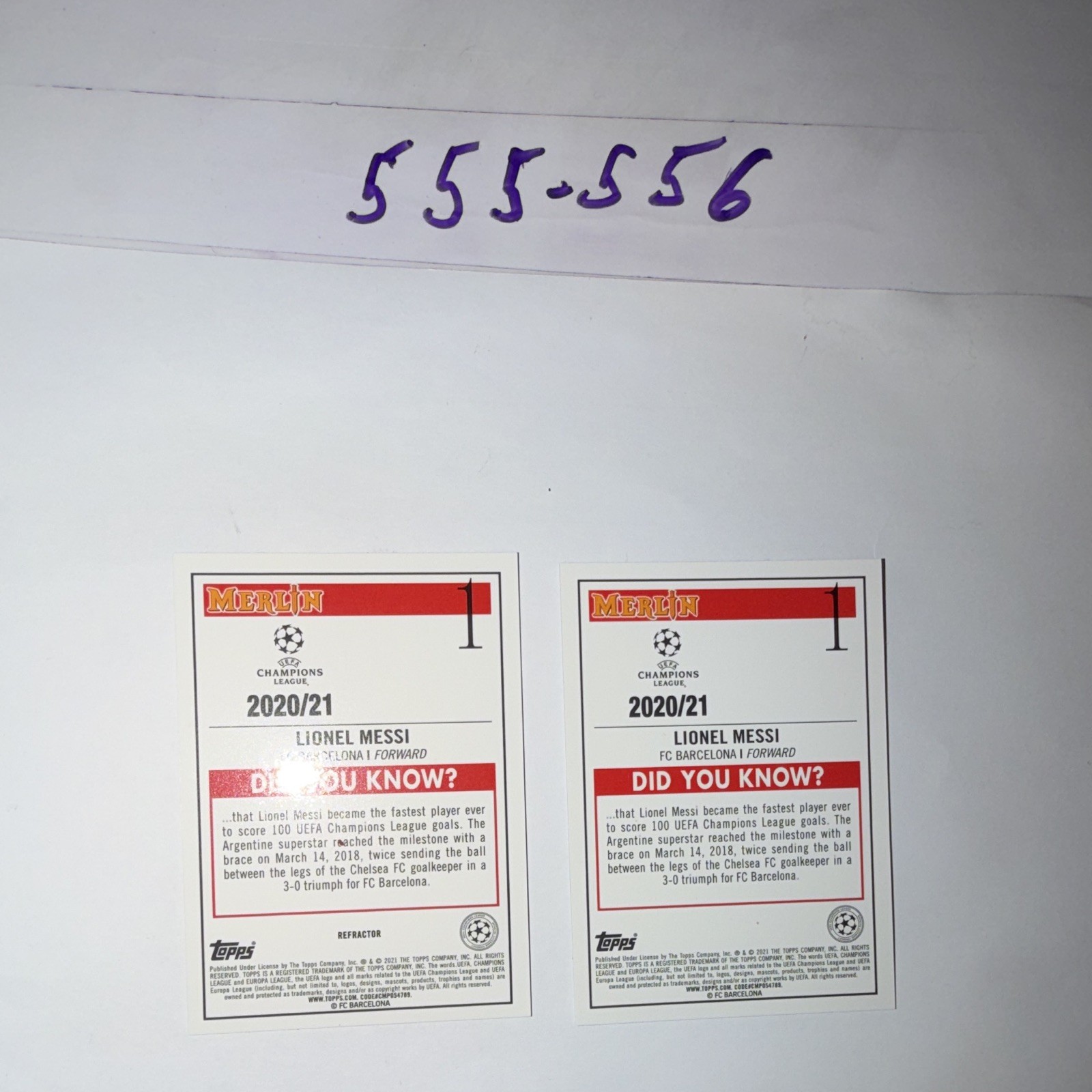 Topps UCL 2020-21 2-card lot Lionel Messi Barcelona Merlin DYK Refractor #1 view 4
