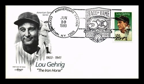 DR JIM STAMPS US COVER LOU GEHRIG BASEBALL HALL OF FAME 50TH ANNIVERSARY FDC