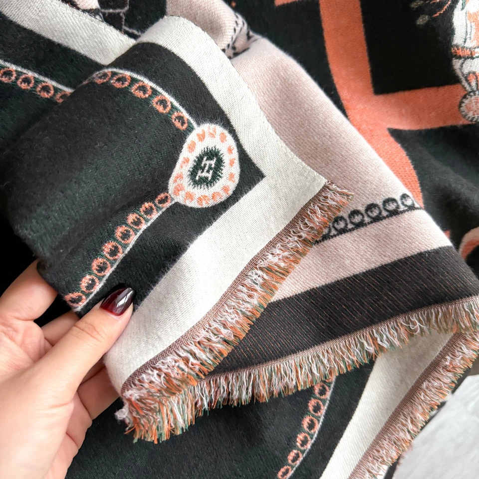 Luxury Oversized Shawl Blanket Scarf Black Pink Coral Horse Chain Print Fringed - Image 3 of 4