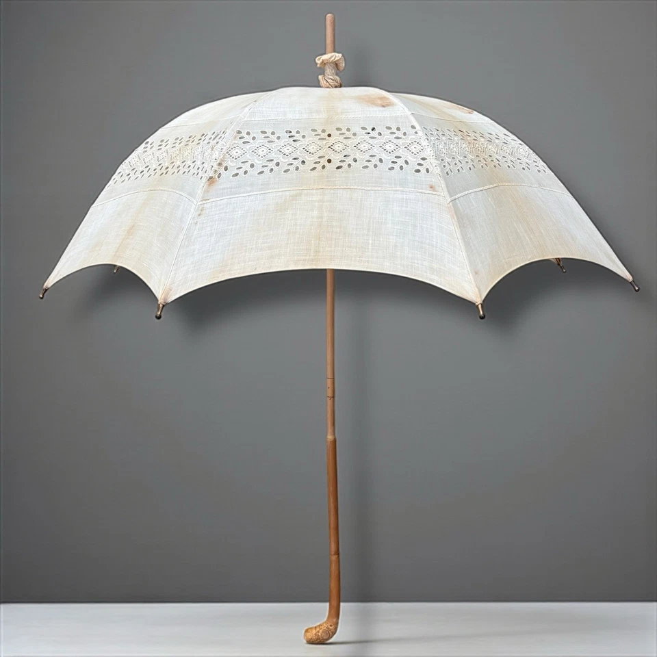 Antique Victorian White Linen Cutwork Embroidery Lace Parasol Umbrella Bamboo - Image 2 of 4