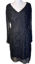 Jovani Black Beaded Sheer Long Sleeve 100% Silk Cocktail Dress Size 4