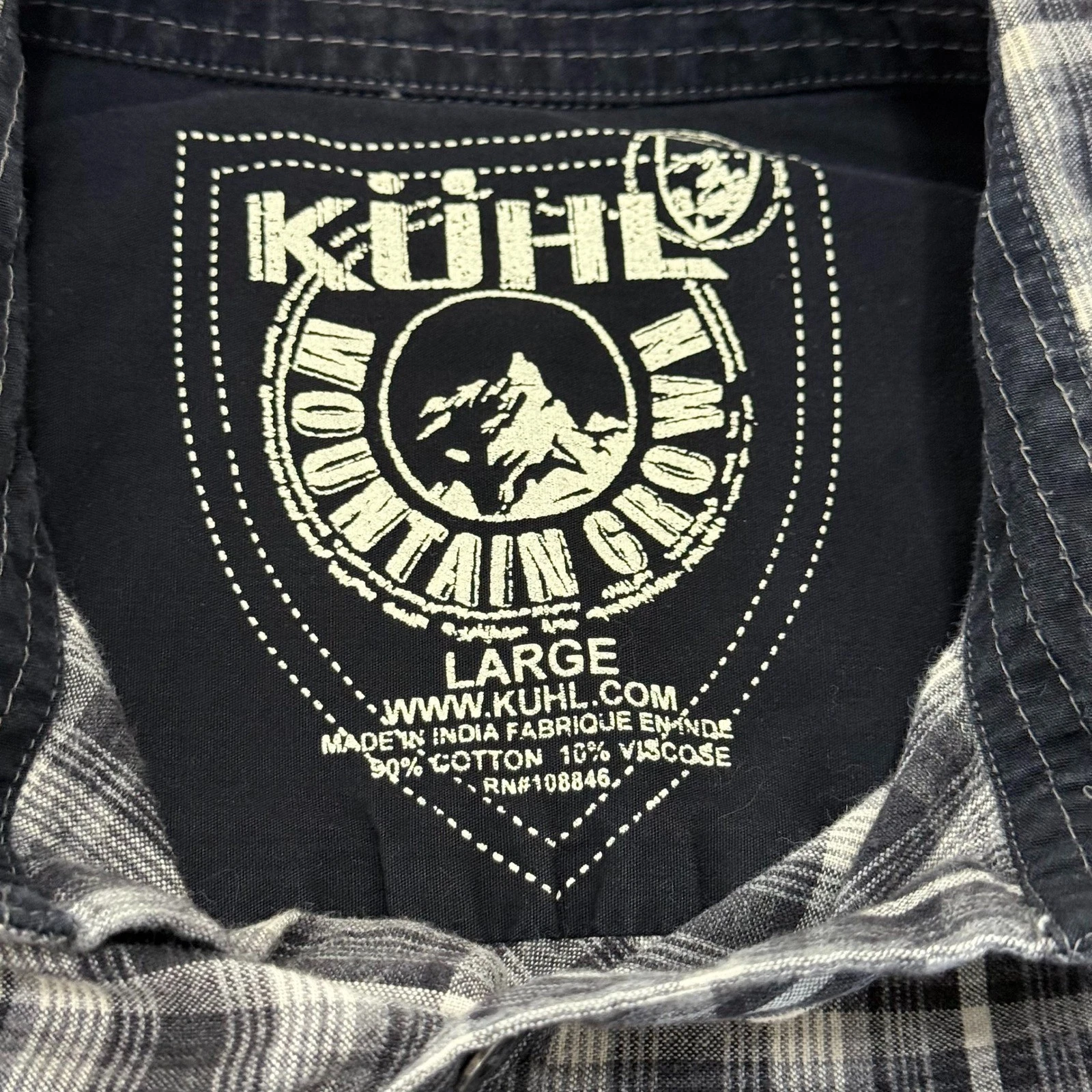 Kuhl Mountain Grown Mens Large Plaid Button Down Shirt Grey Black Long Sleeve L