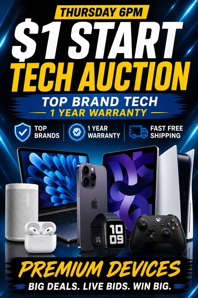 $1 Start Tech Auction Premium Tech Top Brands 1 Year Warranty Live