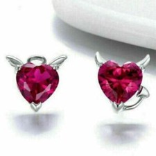 2Ct Heart Cut Lab-Created Red Ruby Solitaire Stud Earrings 14K White Gold Plated