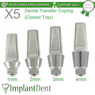 5x Dental Transfer Coping (Closed Tray) Titanium Int Hex 2.42mm Connection