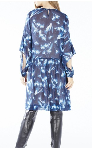 Nuevo Vestido BCBG MAXAZRIA Manga Larga Rodilla Estampado Floral S 6 Azul Caribe - Imagen 2 de 7