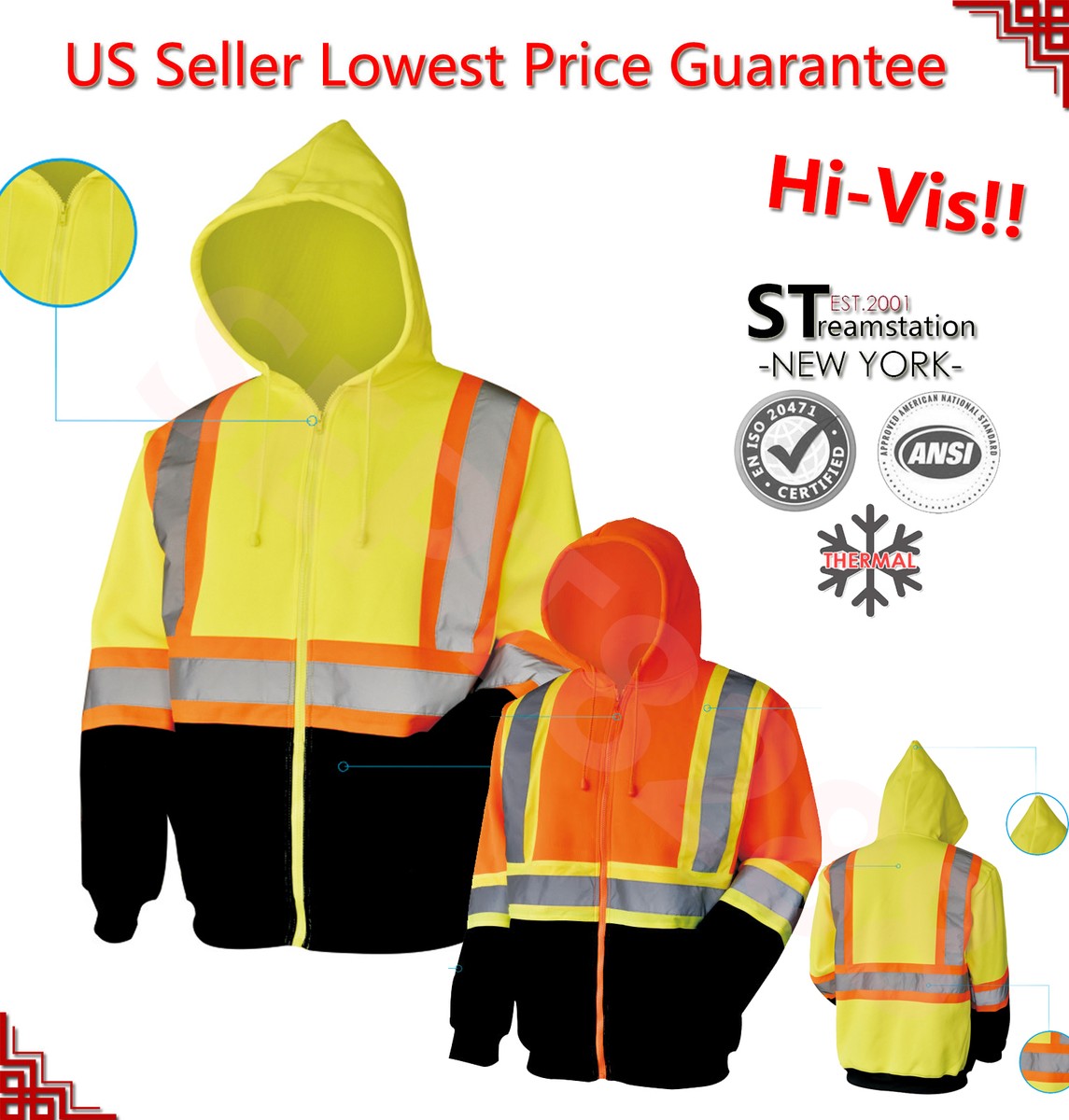 VENDACE Men's ANSI Class 3 High Vis Safety Reflective Sweatshirt Wool Fleece Zipper Jacket Hoodie With Black Bottom