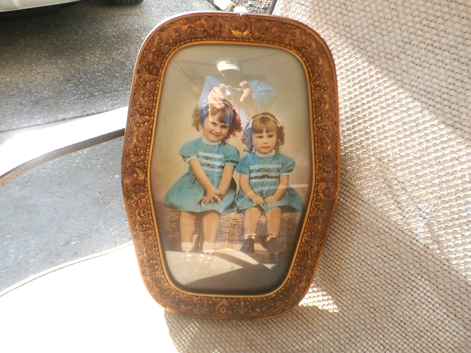 Vintage oval gold ornate wood picture frame with bubble glass eBay