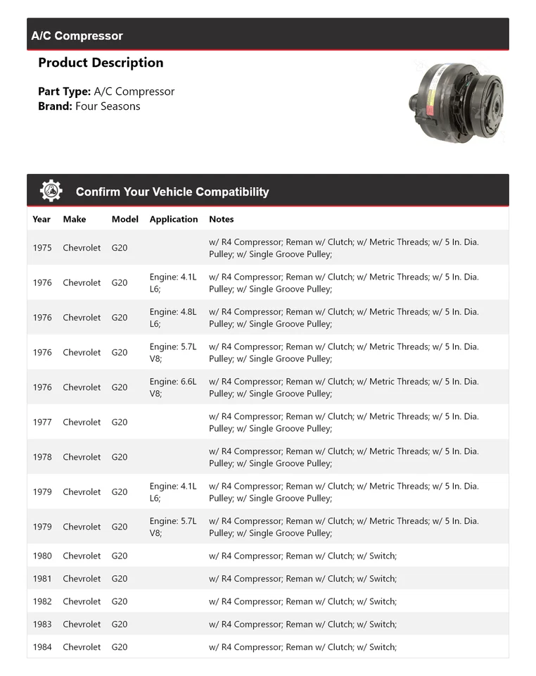 Compresor de aire acondicionado para Chevrolet G20 1975-1984 4 estaciones 1976 1977 1978 1979 1980 Foto 2 de 4