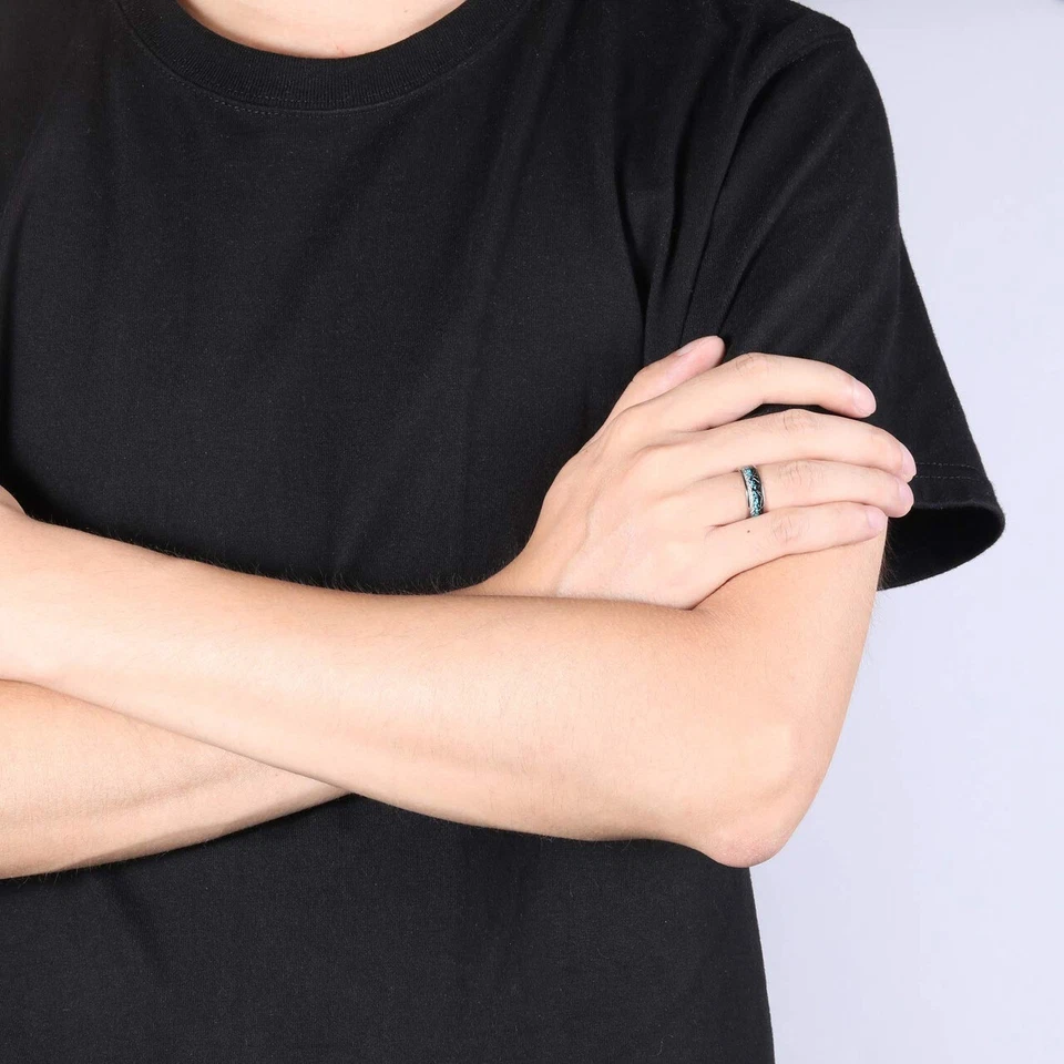 Ebay Wedding Rings For Men. 8mm Steel Band w Turquoise & Duo Meteorite Inlay - Image 4 of 4