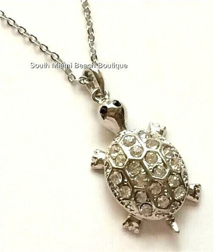 Silver Ocean Turtle Necklace Crystal Antiqued