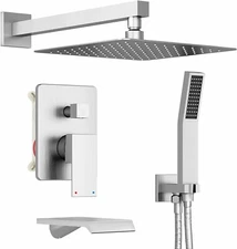Brushed Nickel Shower Faucet Set 12" Rainfall Shower Head Combo Kit System Valve