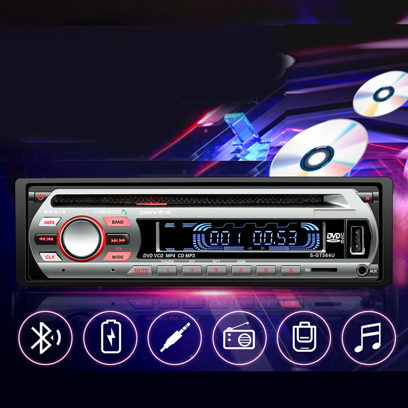 12V 1DIN Car Stereo Radio Bluetooth DVD CD MP3 Player USB AUX FM In
