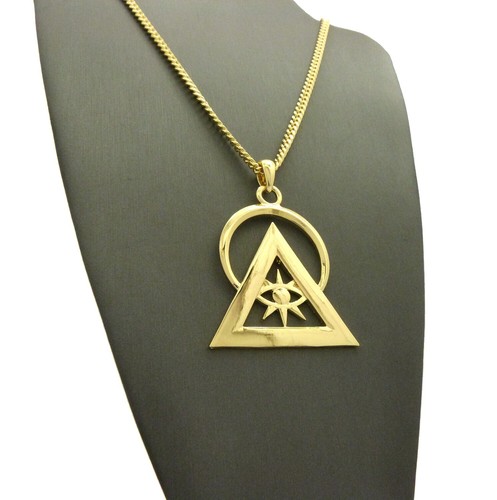 Gold Plated illuminati Pyramid Pendant & 24" Box, Cuban, Rope Chain Necklace - Picture 3 of 28