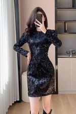 Women's French Fashion temperament Sequins Slim fit Package buttocks Midi dress