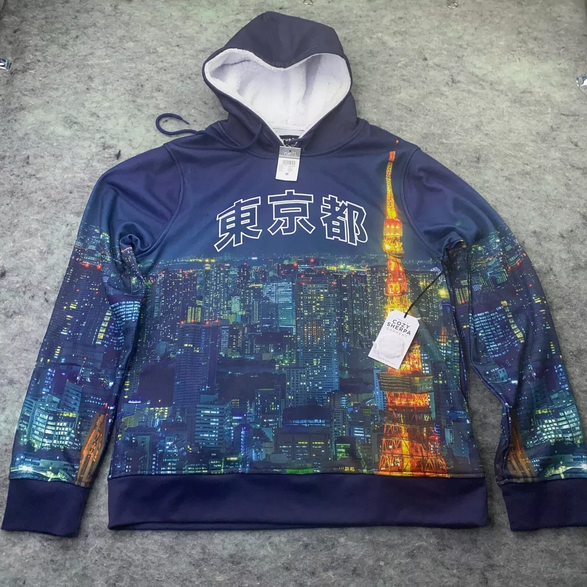 Japanese Script Mens Hoodie Medium Purple Tokyo Skyline Sherpa Hood Sweathshirt