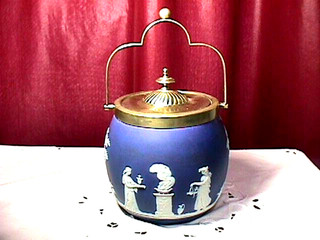 "Jasperware" Blue Biscuit Barrel. C. 1860. Excellent Condition SIGNED WEDGWOOD