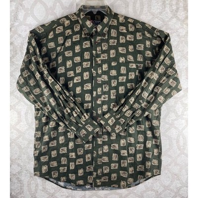Chaps Ralph Lauren Mens Large Olive Green Leaf Print Button Down Shirt Cotton