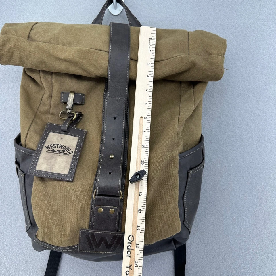 Westworld Backpack Roll Top Canvas Laptop Bag HBO TV Show Brown Luggage Tag - Image 3 of 4