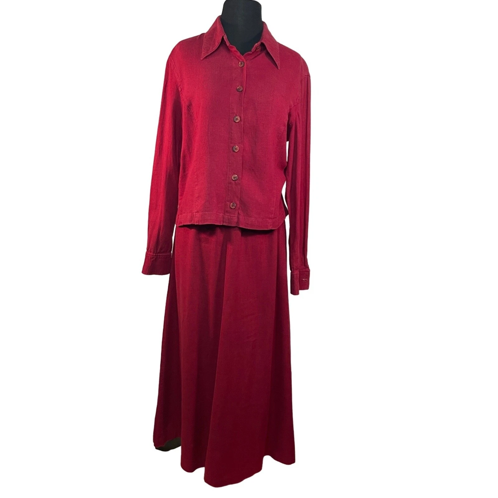 Basic Threads Womens Red Button Front Skirt Set Linen Rayon Blend