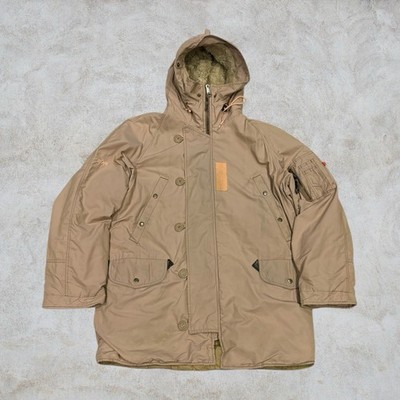 Alpha Industries Beige Parka Jacke Mantel Fell Kapuze Typ N-3B Army Herren Large
