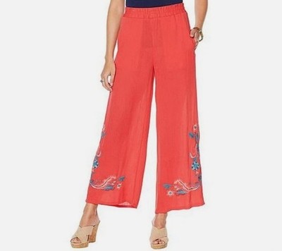 Curations Coral Red Embroidered Gauze Palazzo Pants XL Beachy Art Lagenlook