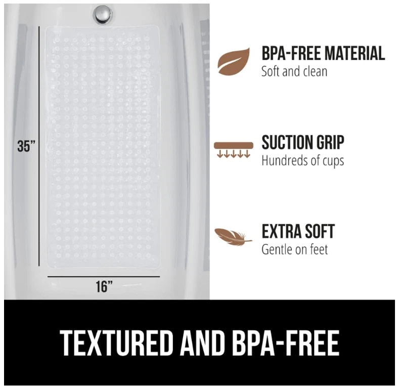 Alfombra de ducha para bañera, lavable, ventosas, orificios de drenaje, 35x16 pulgadas, transparente Foto 2 de 4