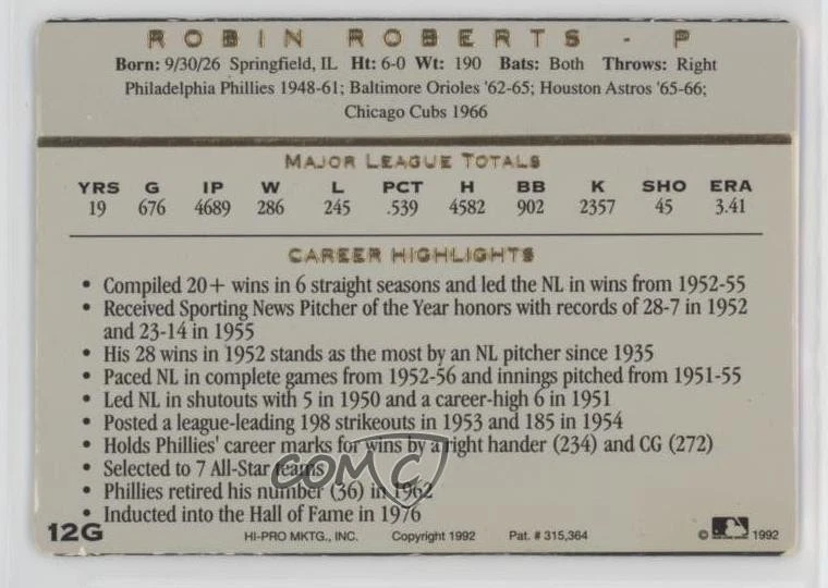 1992 Action Packed All-Star Gallery Gold /1000 Robin Roberts #12G HOF - Image 2 of 2