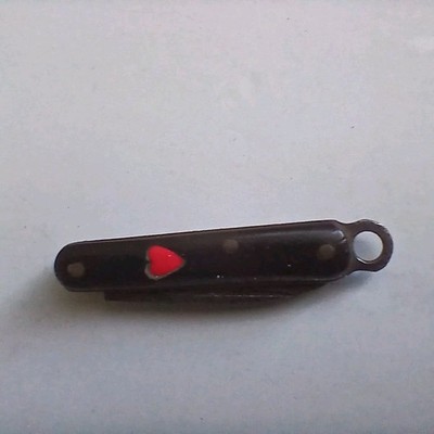 Vintage Miniature  Pocket Knife Charm 1 Inch Black Inlaid Red Heart Bakelite