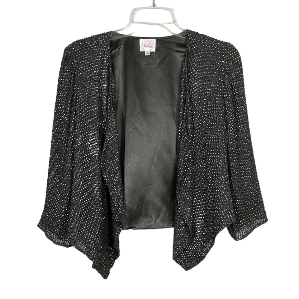 Parker 灰色金属串珠丝绸夹克女式 S 码亮片派对晚会  — 第 2/4 张图片